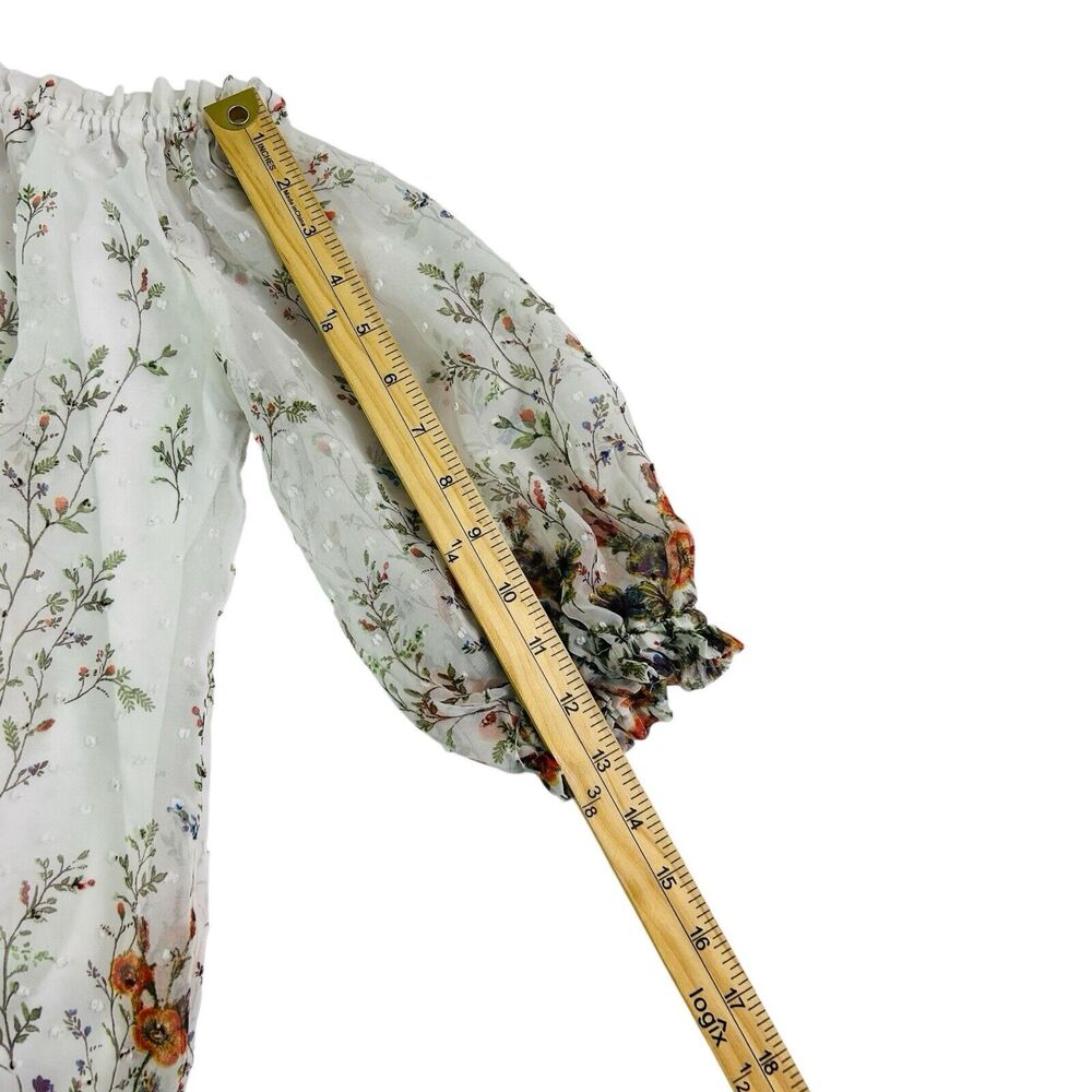 Orchid Haze Floral Off Shoulder Top Sheer Swiss Dot Puff Sleeve White Size S - Picture 4 of 6